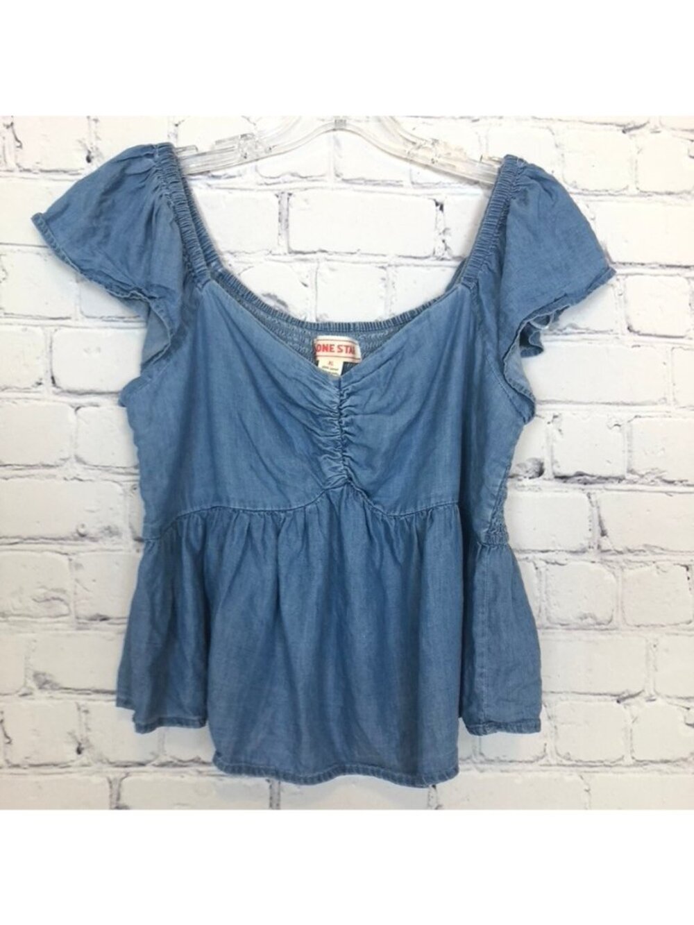 Lone Star Chambray Top Size XL Flutter Sleeve Peplum Crop